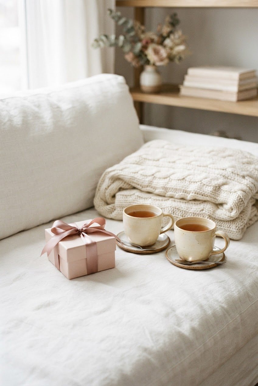 Small blush gift box with a satin ribbon, two cream mugs and a folded knit blanket on a white sofa