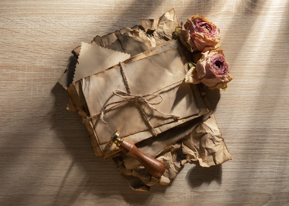 Bundle of kraft paper letters tied with string beside dried roses