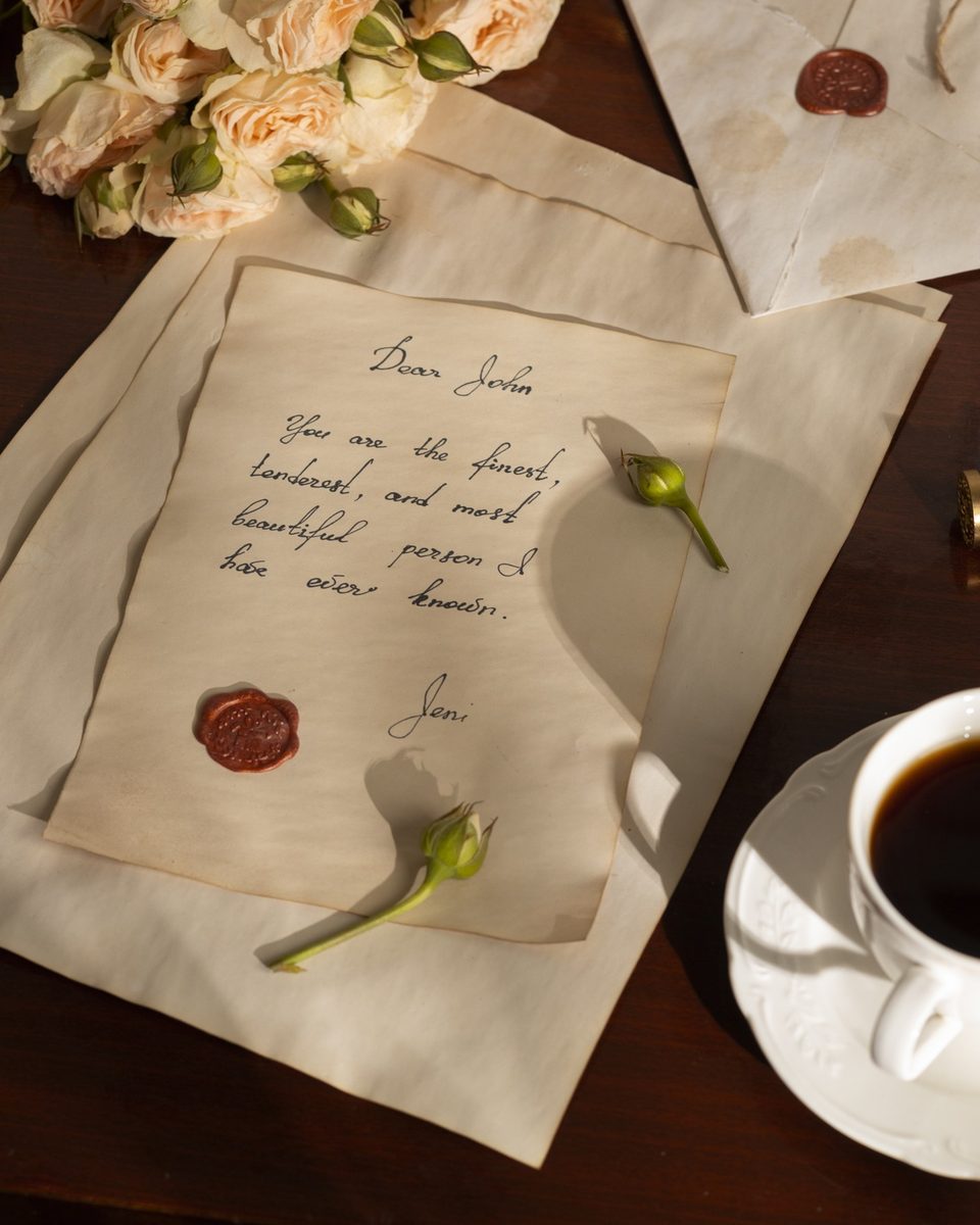 Vintage handwritten letter with a wax seal, roses and a cup of coffee