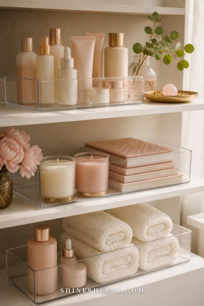 Clear acrylic storage bins neatly holding skincare bottles, candles and notebooks on a white shelf