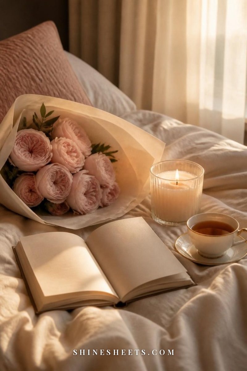 A lit glass candle, a small bouquet of blush flowers and an open paperback on a cream linen bed