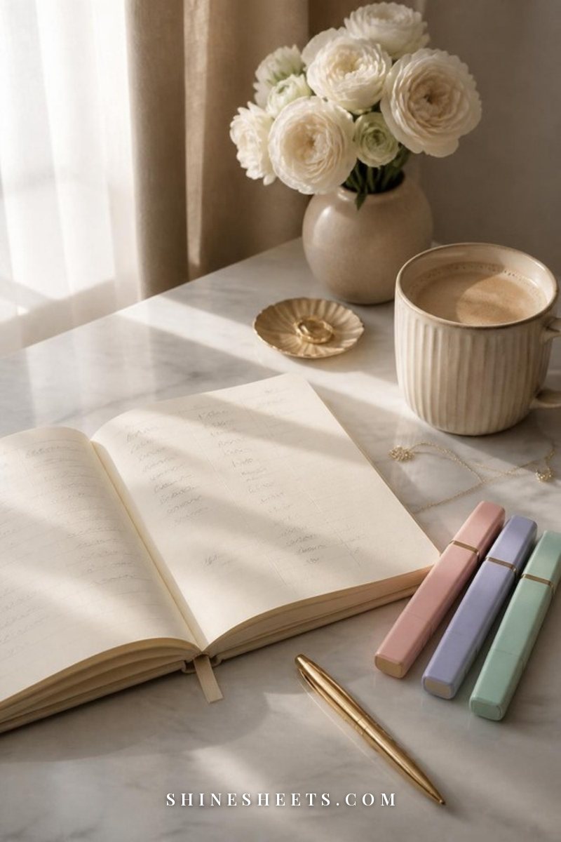 Open notebook with soft pastel highlighters, a gold pen and a latte on a white marble desk