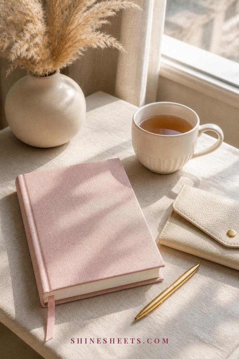 Pastel budget planner notebook, cream envelope wallet and a cup of tea on a linen tablecloth in soft morning light