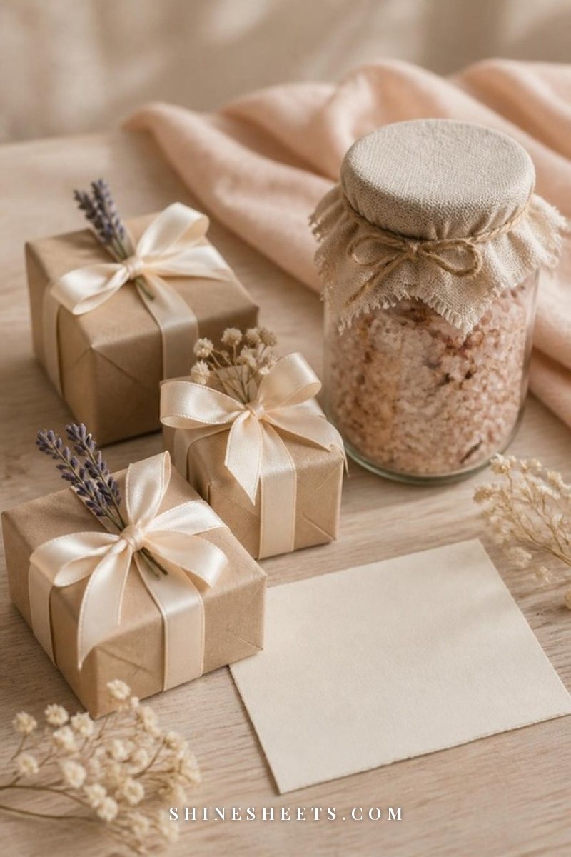 Small gifts wrapped in kraft paper with cream ribbon and dried flowers on a wooden table