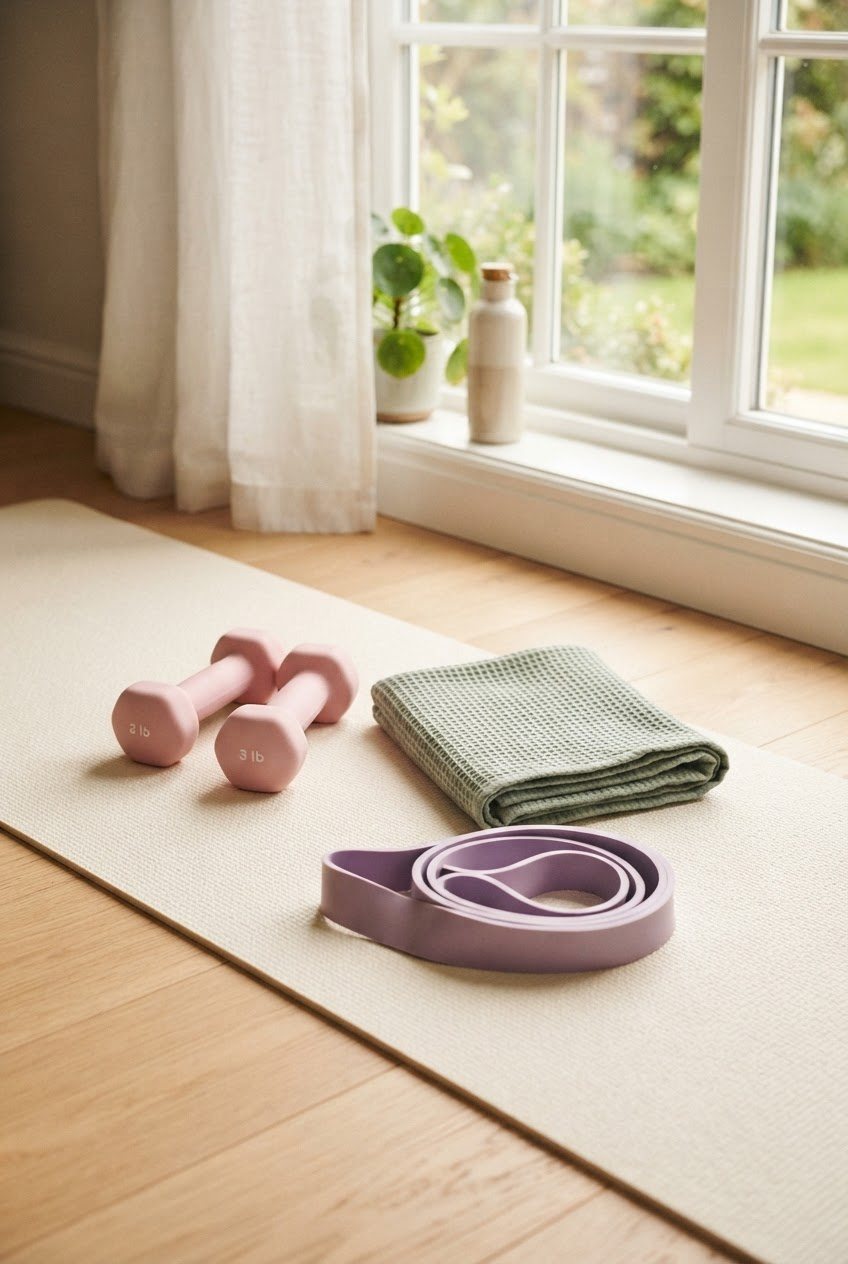 Pastel pink dumbbells, a folded sage towel and a lavender resistance band on a cream mat beside a sunny window