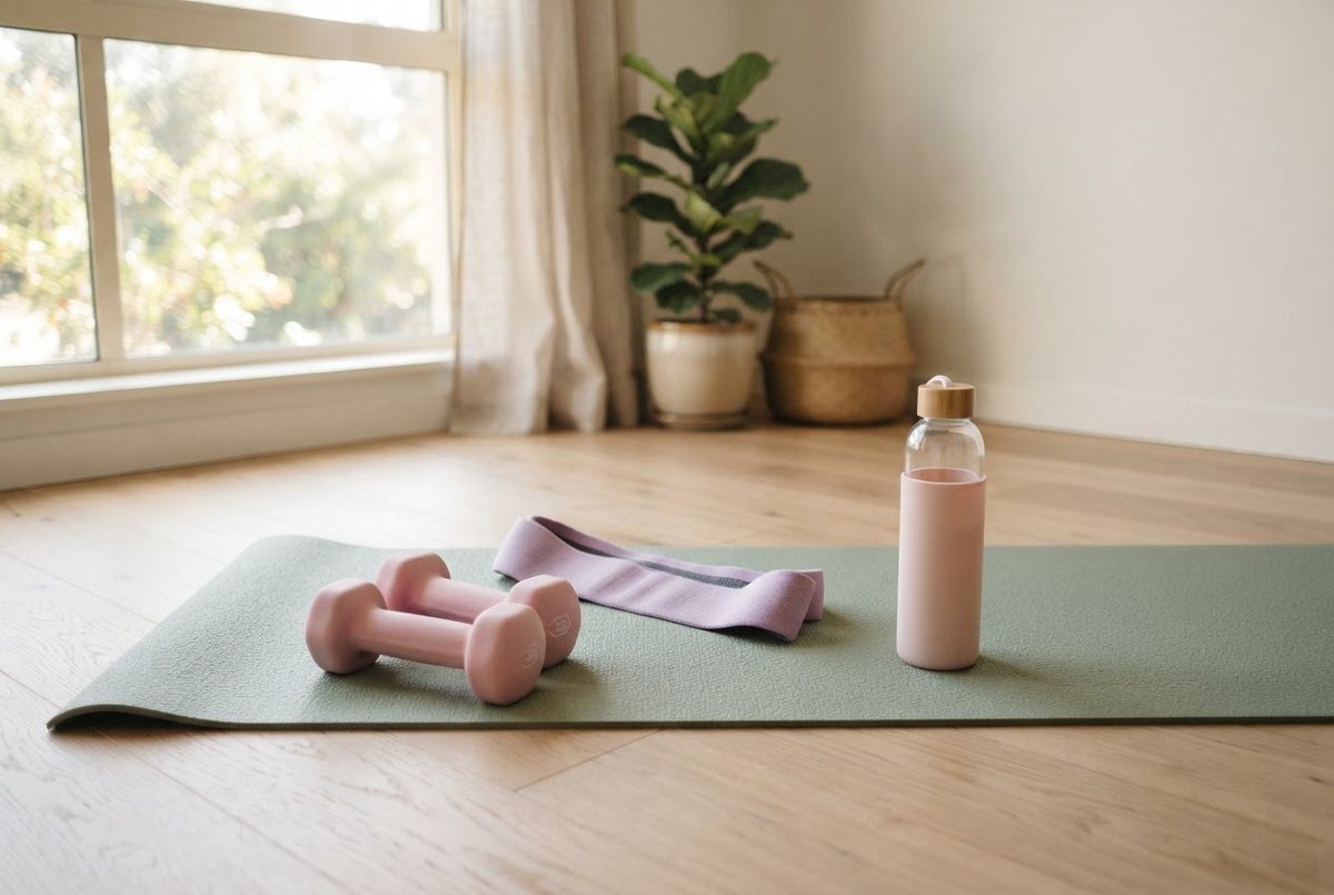 Sage yoga mat on a light wood floor with pastel dumbbells, a resistance band and a glass water bottle in morning light