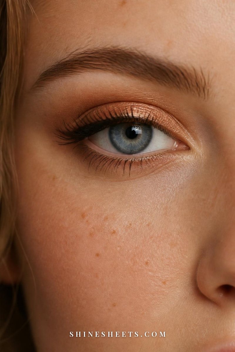 Close-up of a woman's blue eye with soft copper and bronze eyeshadow blended on the lid