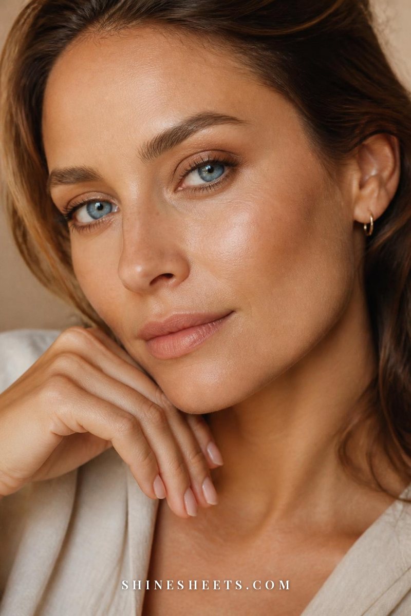 Close-up of a woman's blue eyes with an everyday bronze eyeshadow look and brown mascara