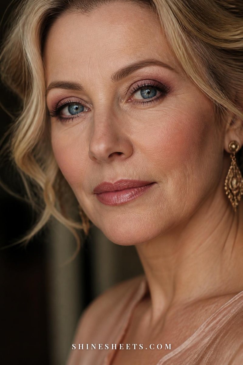 Close-up of a woman's deep blue eyes with soft plum eyeshadow and a thin dark brown liner