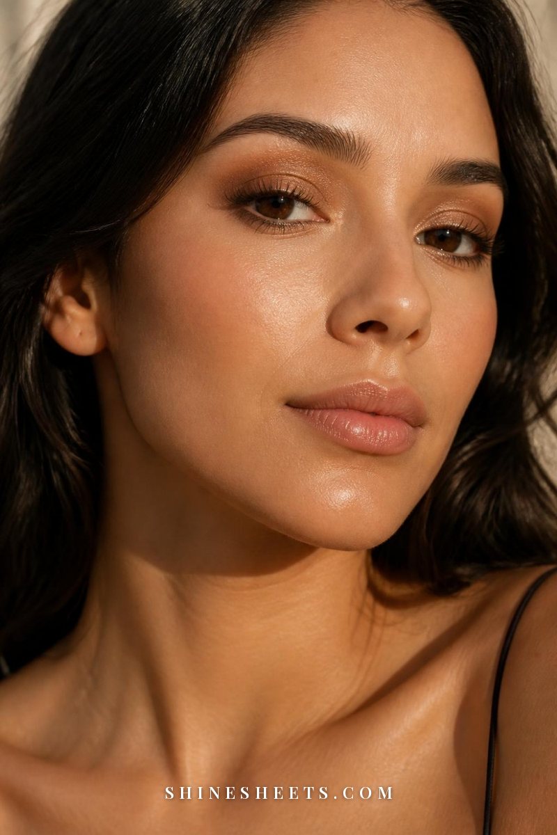 Woman with medium brown eyes wearing an everyday bronze eyeshadow look with a soft caramel crease