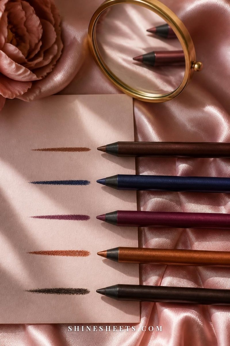 Brown, navy, plum, bronze and black-brown eyeliner pencils with matching swatches on blush silk
