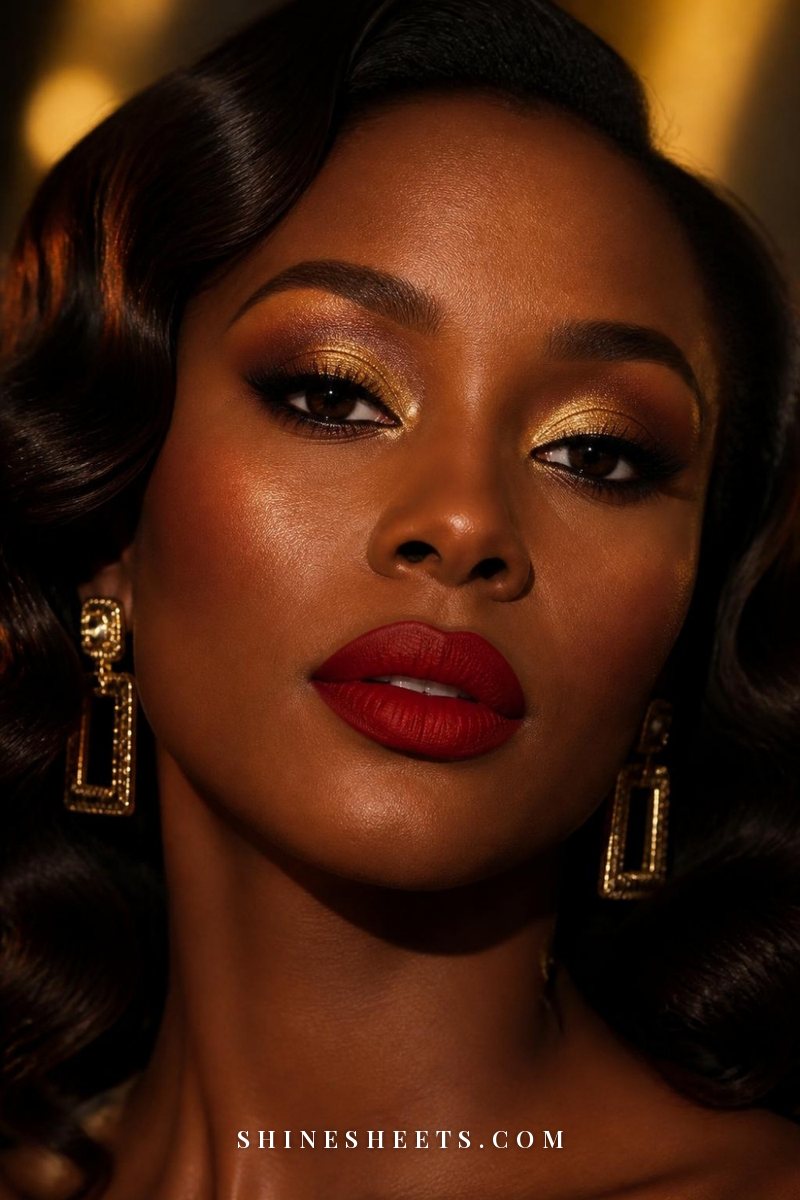 Woman with deep brown eyes wearing gold shimmer eyeshadow, glowing cheekbones and a classic red lip
