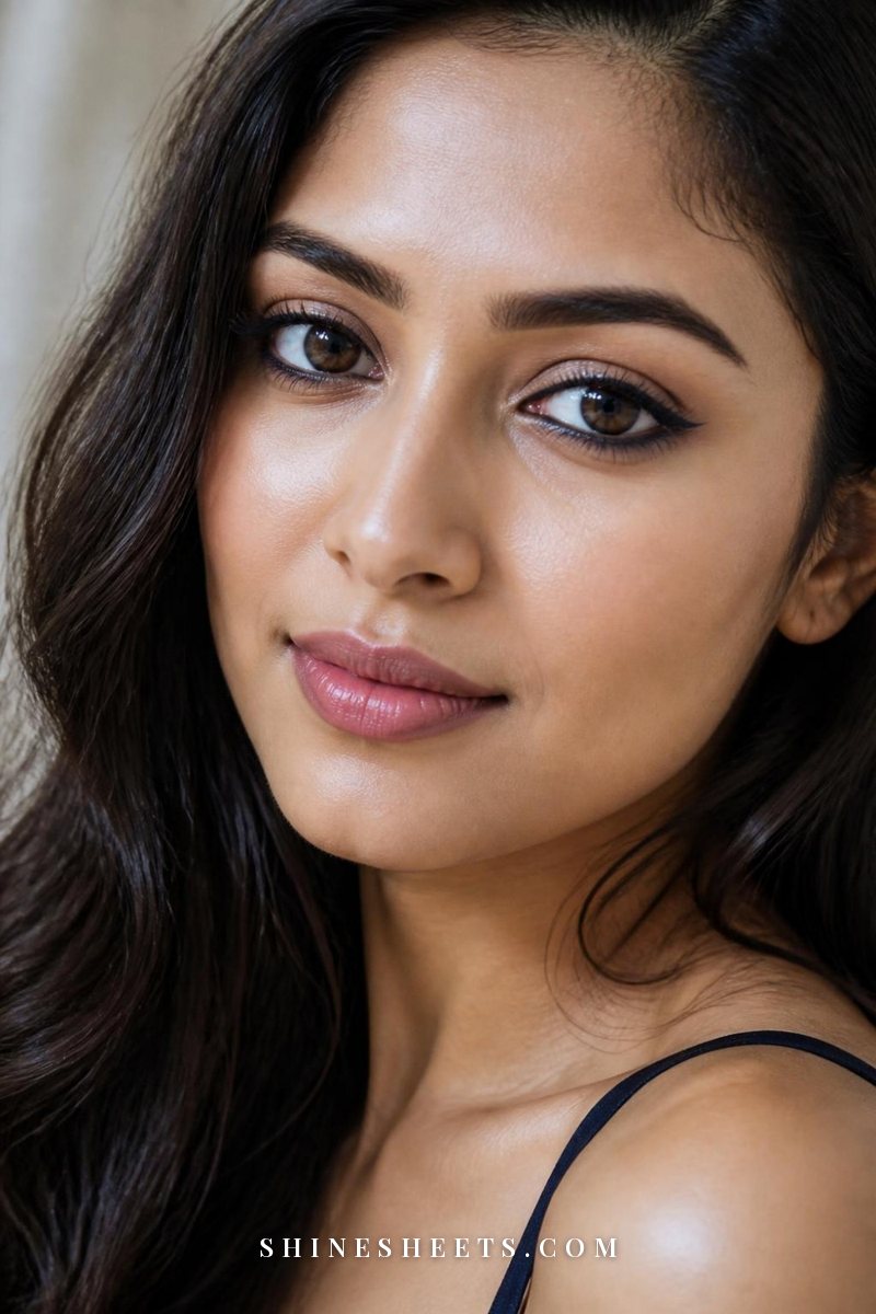Woman with deep brown eyes wearing softly smudged navy eyeliner, fresh skin and a pink lip