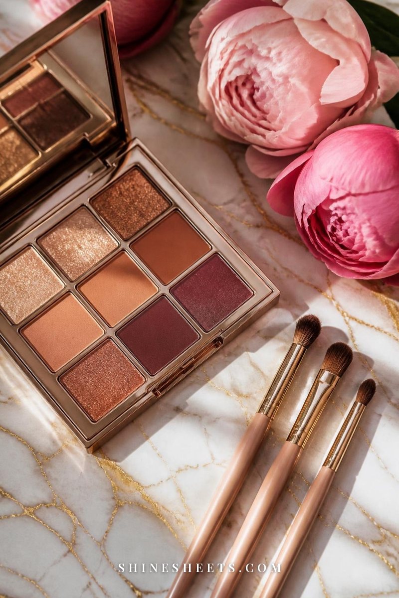 Warm eyeshadow palette with champagne, bronze, copper and plum shades beside three eyeshadow brushes on marble