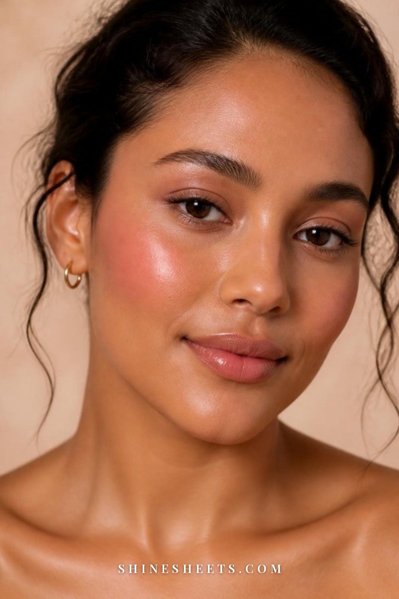 Close-up of a smiling woman with medium brown skin wearing soft pink cream blush blended high on her cheeks