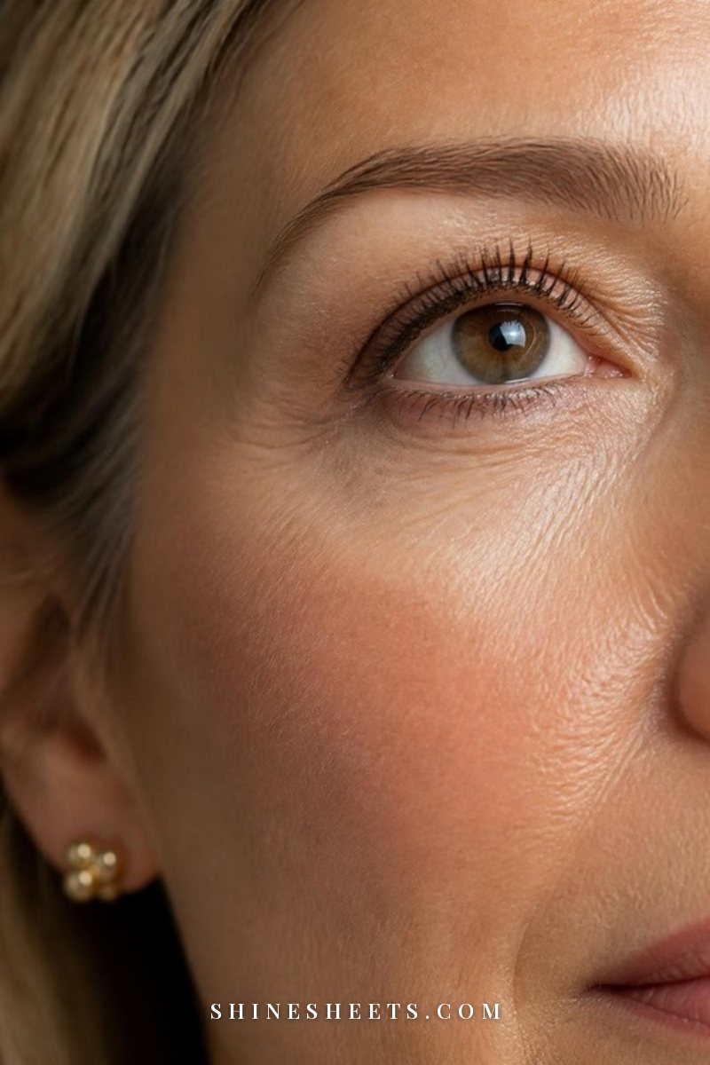 Close-up of a woman's under-eye area with a thin, smooth layer of concealer and no creasing