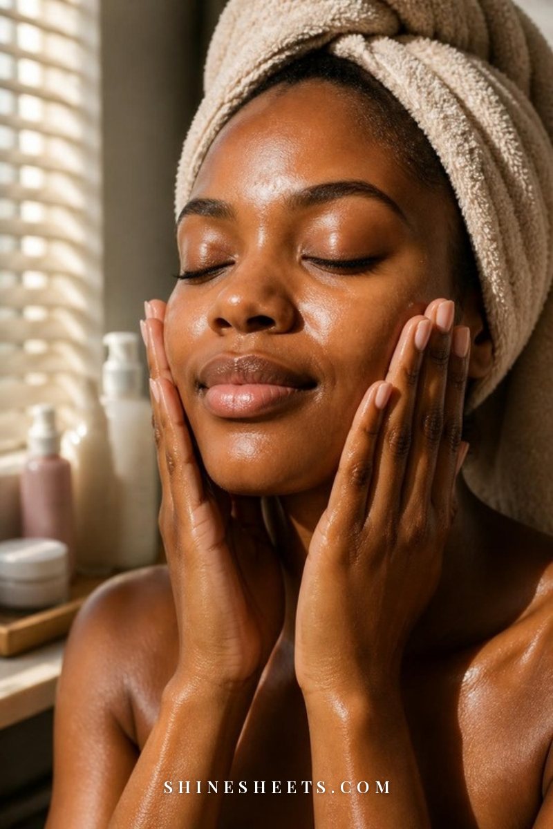 Woman with deep brown skin patting hydrating essence into her cheeks, skin looking plump and dewy