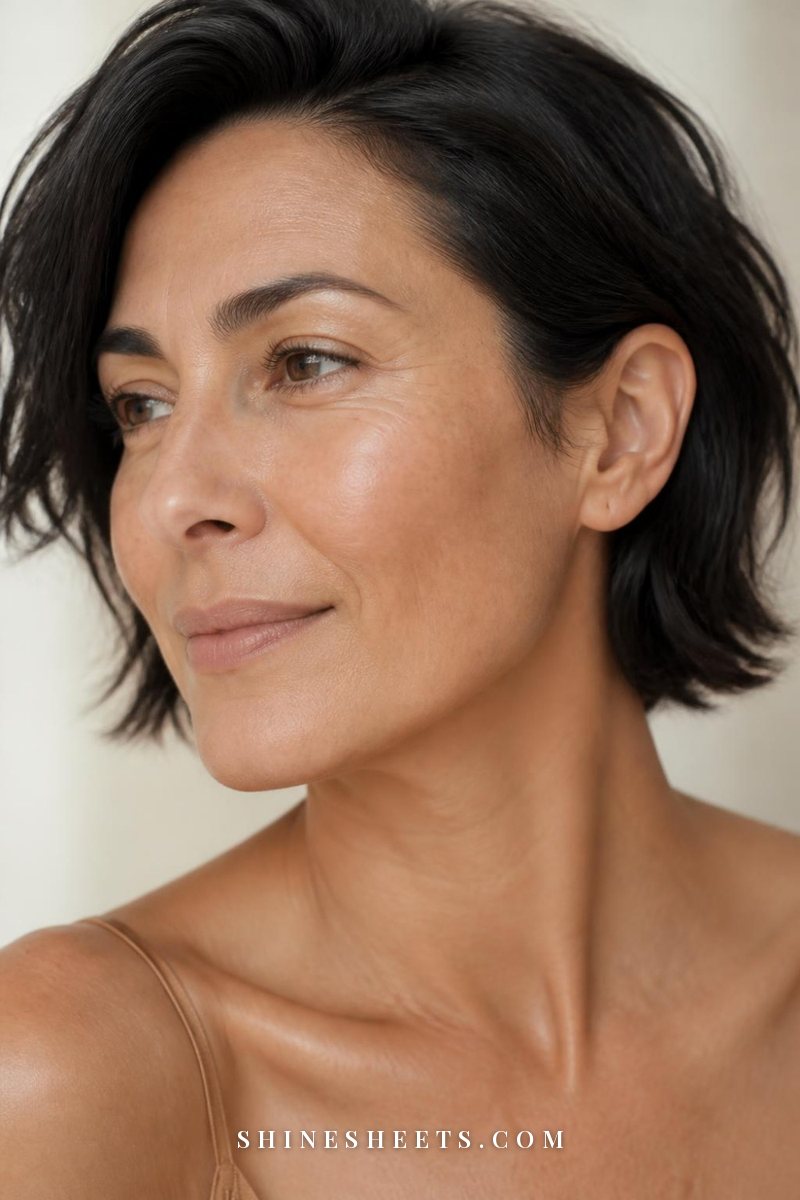 Close-up of a mature woman's cheek and jaw with fresh, luminous skin tint and soft natural texture visible