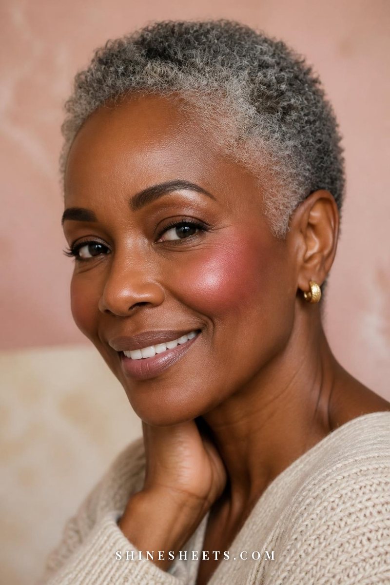 Close-up of a woman with deep brown skin wearing soft rosy cream blush blended high on her cheekbones toward the temples