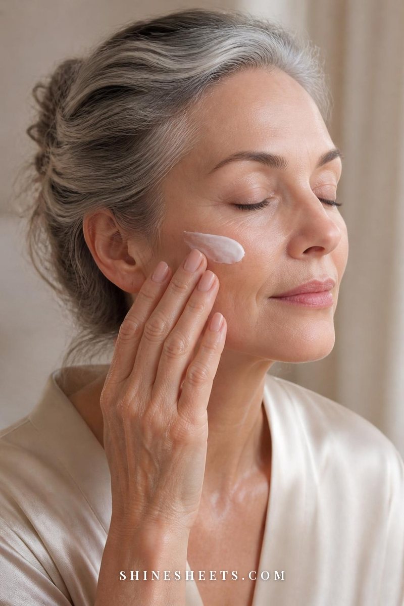 Close-up of a woman with silver-streaked hair gently patting moisturizer into her cheek with her fingertips