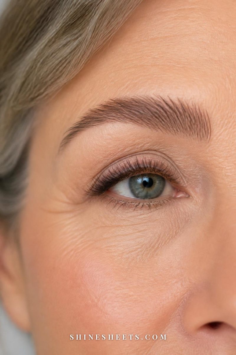 Close-up of a woman's eye and softly defined, feathery brow brushed upward with tinted brow gel