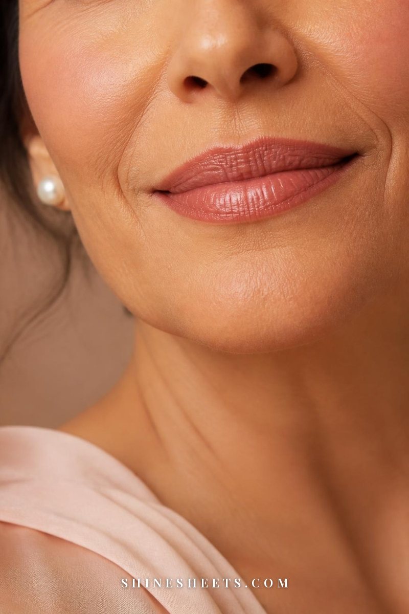 Close-up of a woman's lips with a soft neutral liner and creamy rosy-nude satin lipstick, smooth and defined