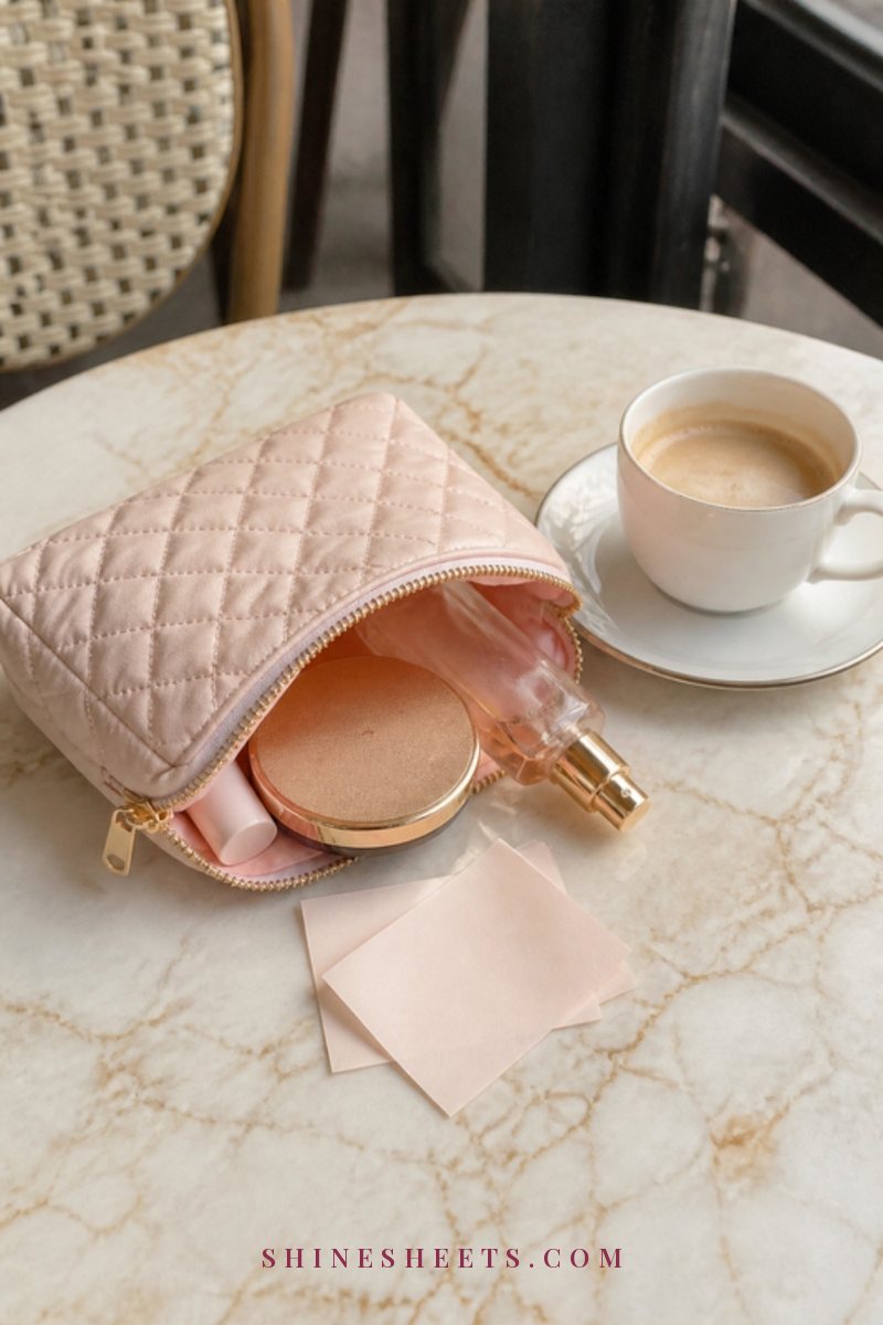 Blotting papers, a compact powder and a small blush makeup bag on a cream café table with a cup of coffee