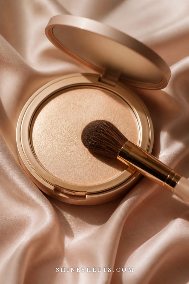 A cream highlighter compact with a small tapered brush on a blush satin cloth with soft side light