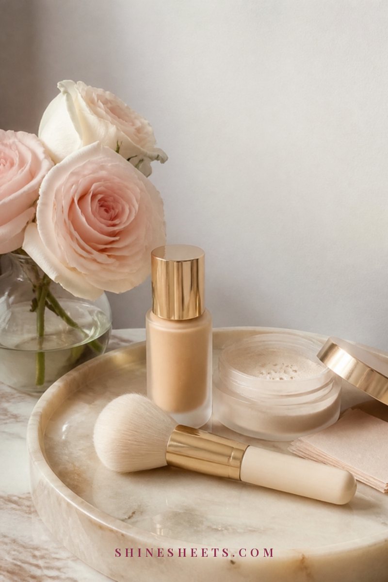A cream vanity tray with a foundation bottle, translucent powder, a fluffy brush and blotting papers in soft morning light