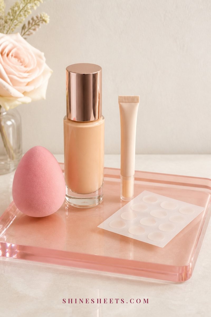 A frosted glass foundation bottle and a blush makeup sponge on a cream tray with soft natural window light