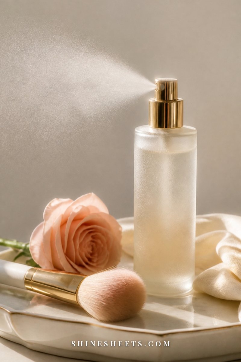 A frosted setting spray bottle beside a fluffy powder brush and a blush rose on a cream vanity tray