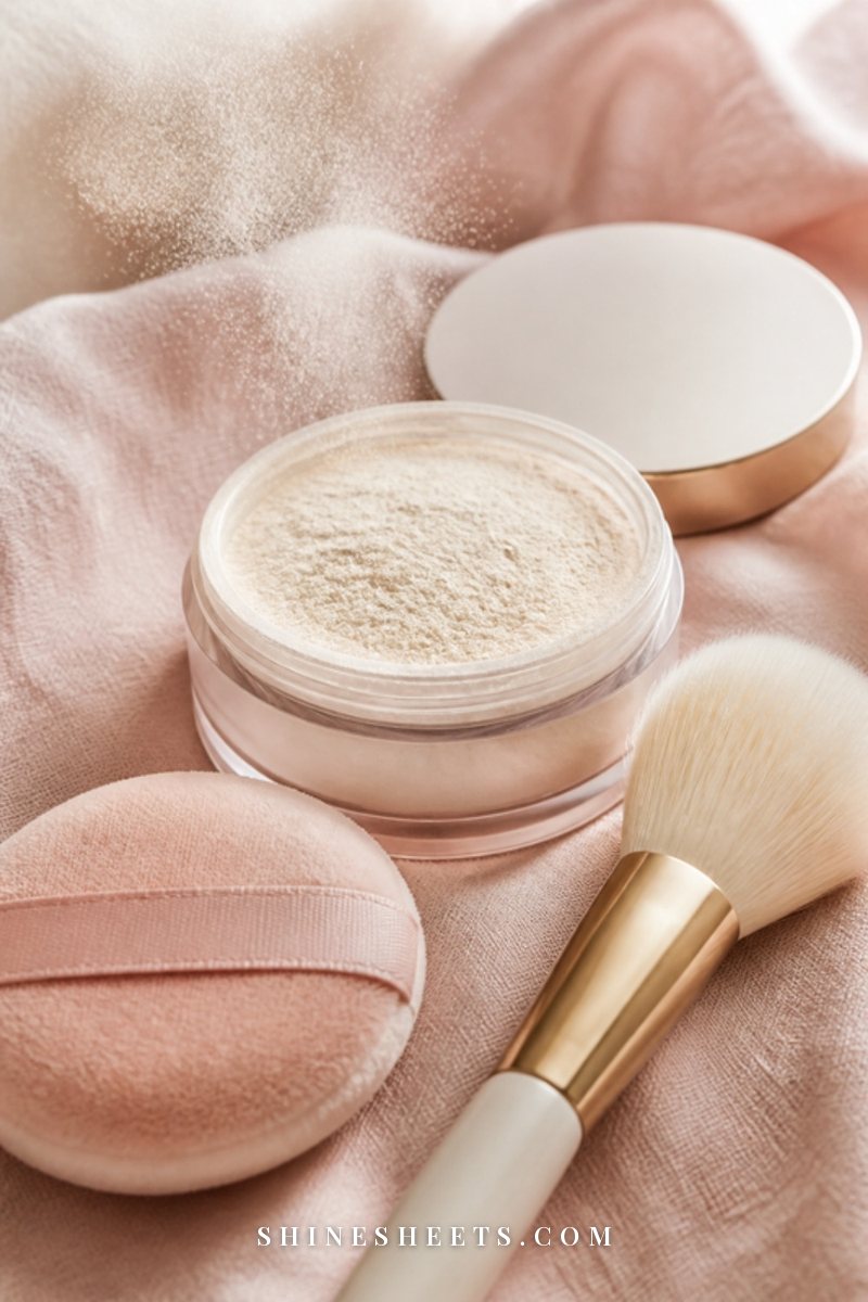 A loose translucent setting powder jar with a fluffy cream brush and a velour puff on a blush linen cloth