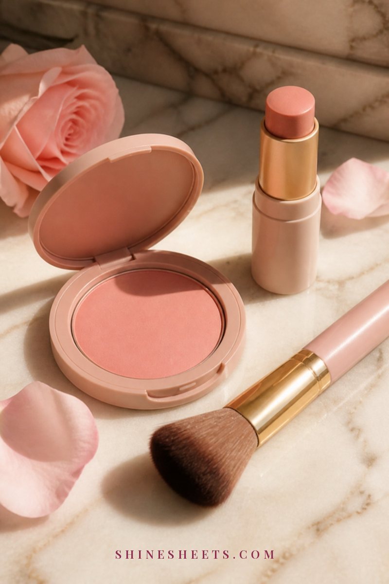 A powder blush compact in soft pink and a cream blush stick on a cream marble surface with a fluffy brush