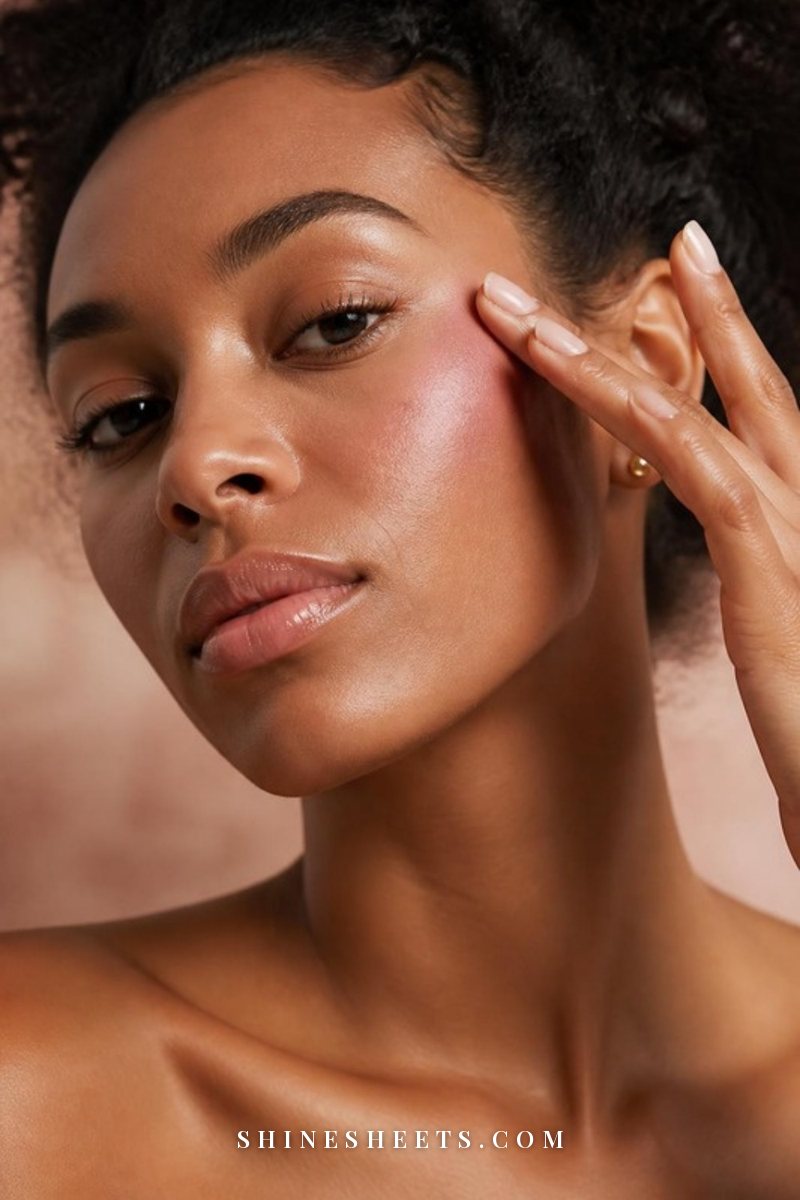 Close-up of a woman applying pink cream blush high on her cheekbone with her fingertips, blended up toward the temple