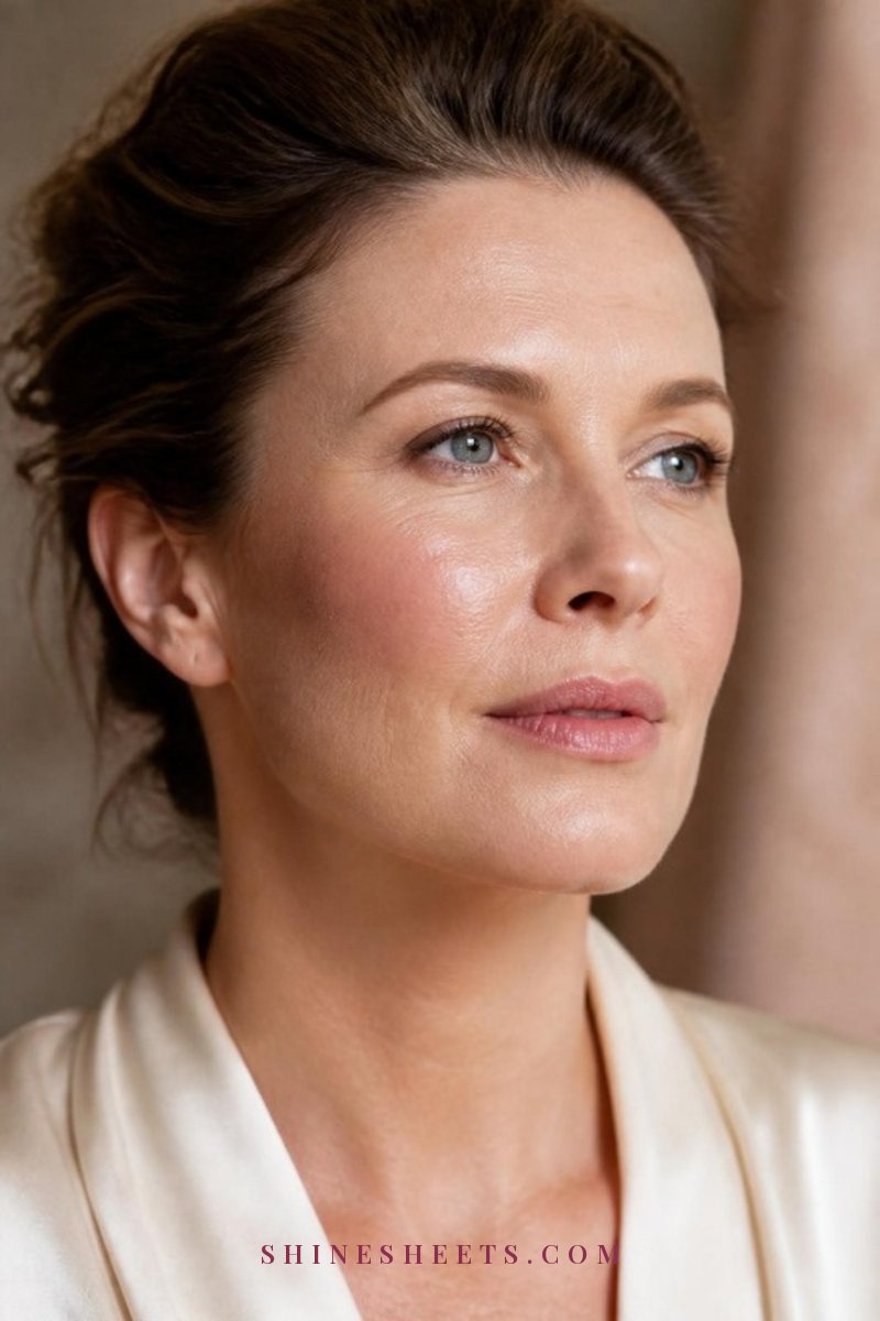Close-up of a woman's cheek and jaw with a sheer satin skin tint, natural texture and soft healthy sheen in window light