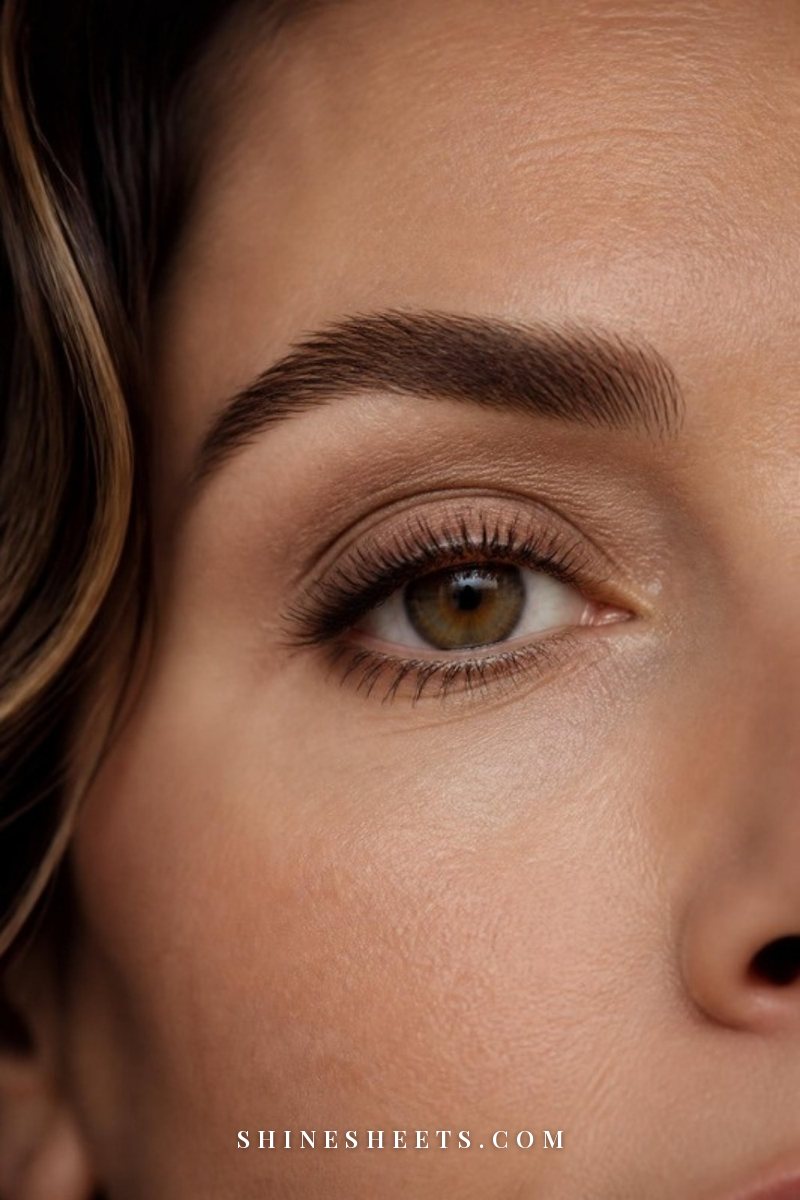 Close-up of a woman's eye and soft, full, feathery eyebrow brushed upward with natural hair-like strokes