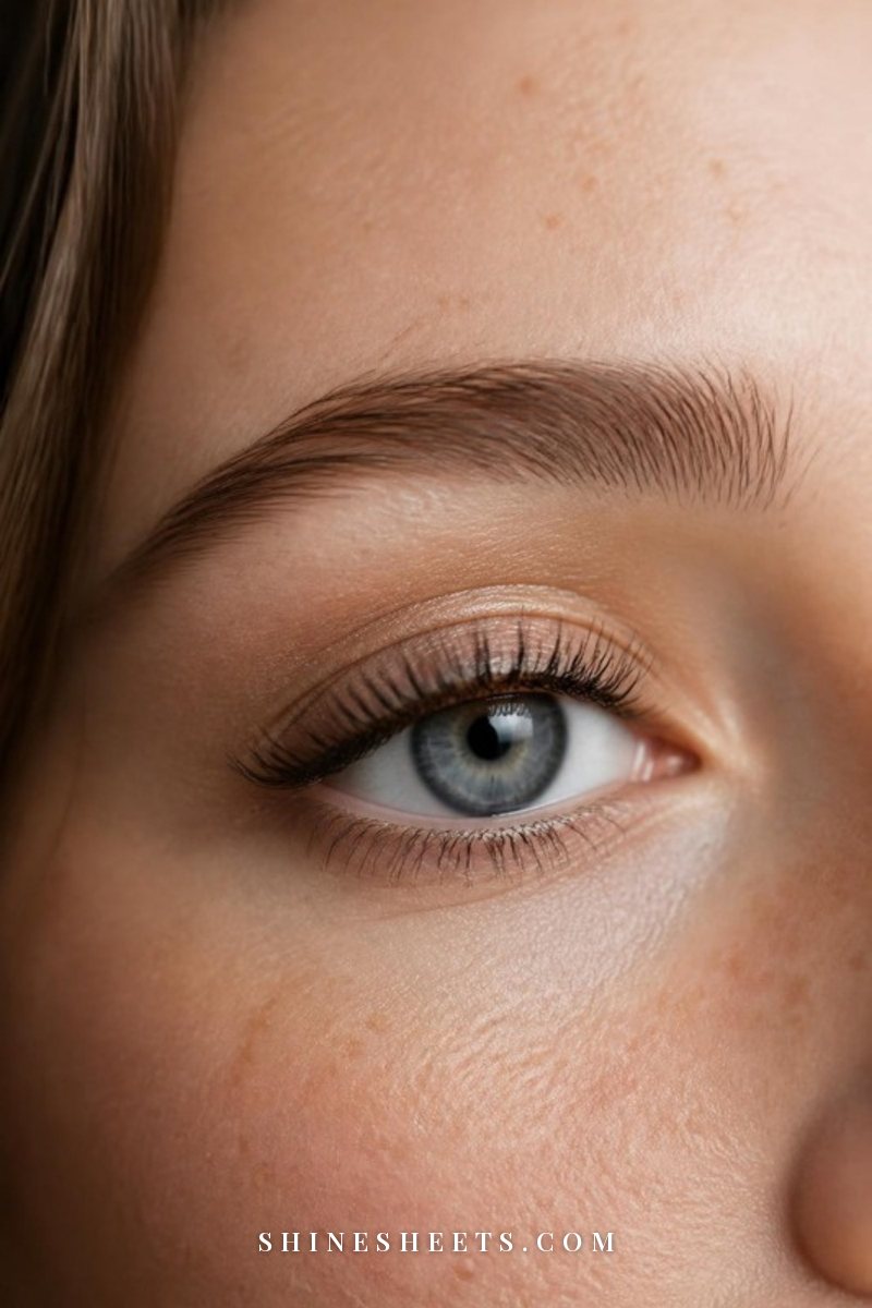 Close-up of a woman's eye with soft, separated, lifted lashes and fresh skin, no clumps or heavy lower liner