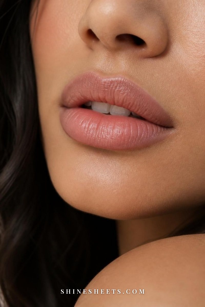 Close-up of a woman's lips with a soft rosy nude liner blended into a satin pink lipstick, no harsh outline
