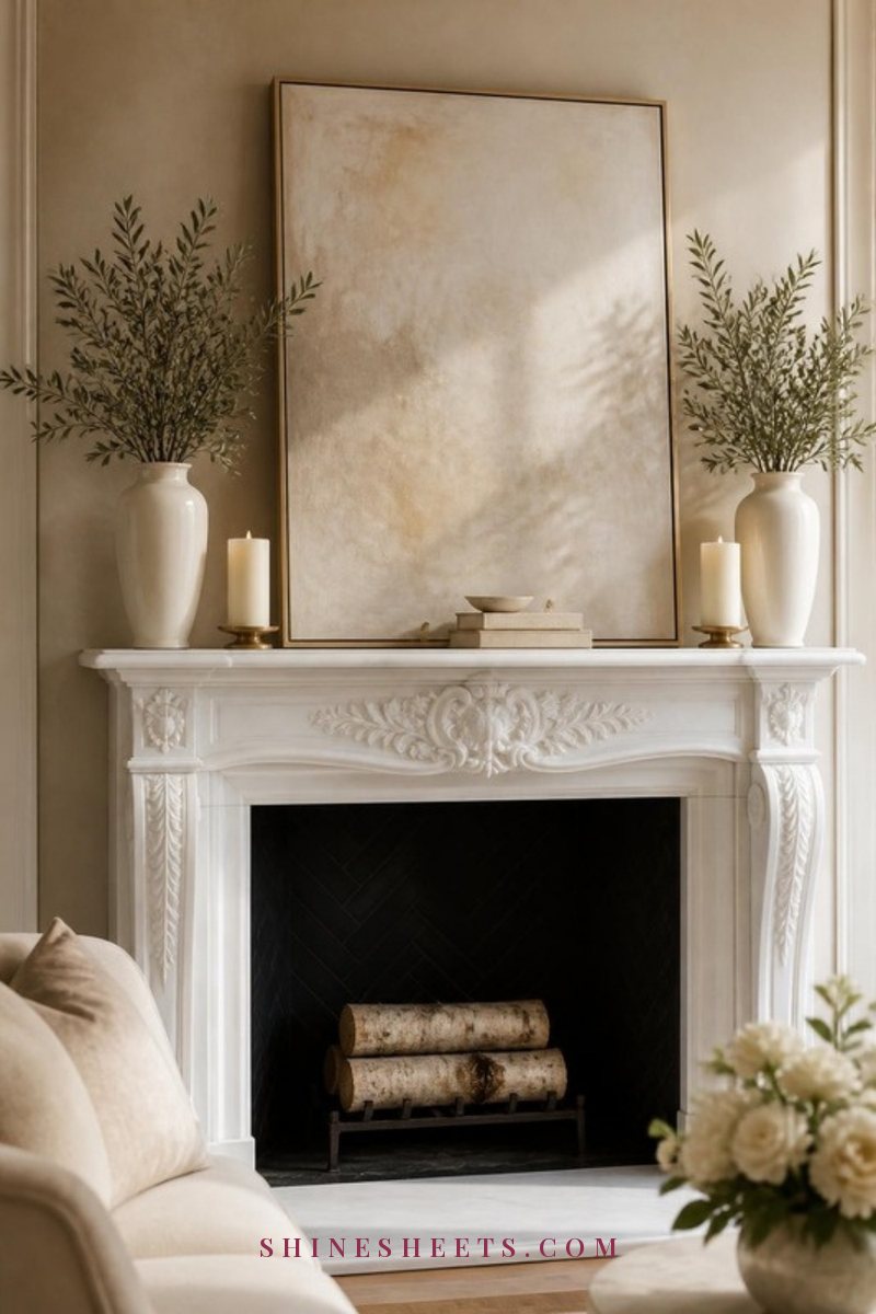 Classic neutral mantel with symmetrical cream vases, a large beige canvas and ivory candles