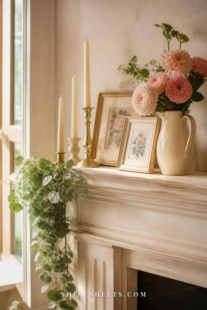Cozy cottage mantel with a eucalyptus garland, mismatched candlesticks, a vintage pitcher and small framed botanicals