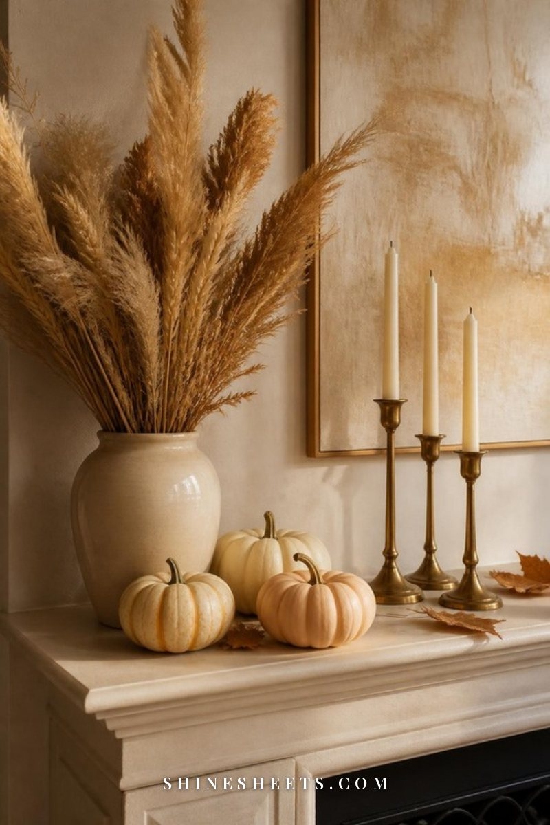 Fall mantel with dried pampas grass, cream pumpkins, brass candlesticks and a warm beige canvas