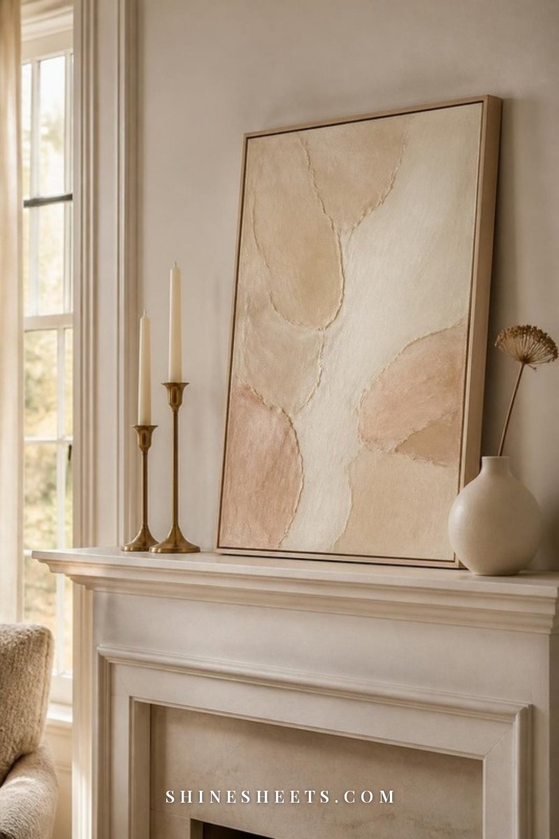 Large neutral abstract canvas leaning on a cream fireplace mantel with brass candlesticks and a bud vase