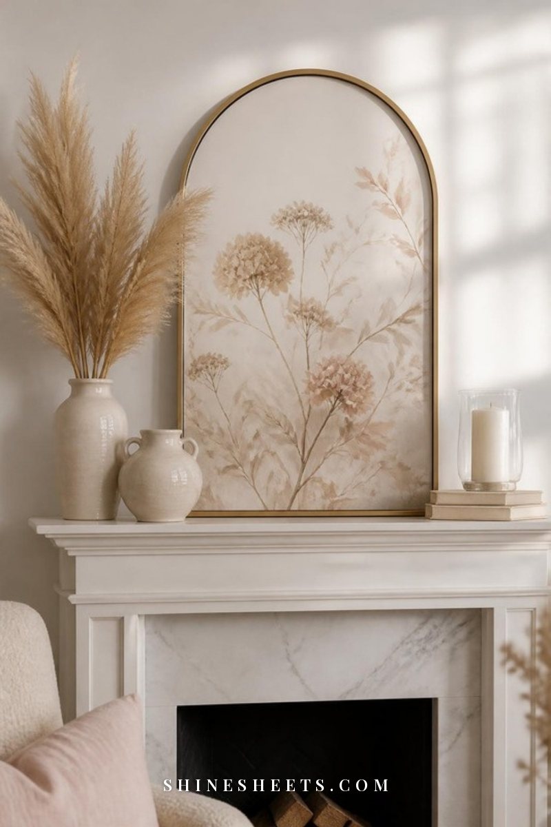 Mantel styled in a triangle shape with tall leaning art in the center and shorter vases and candles at each end