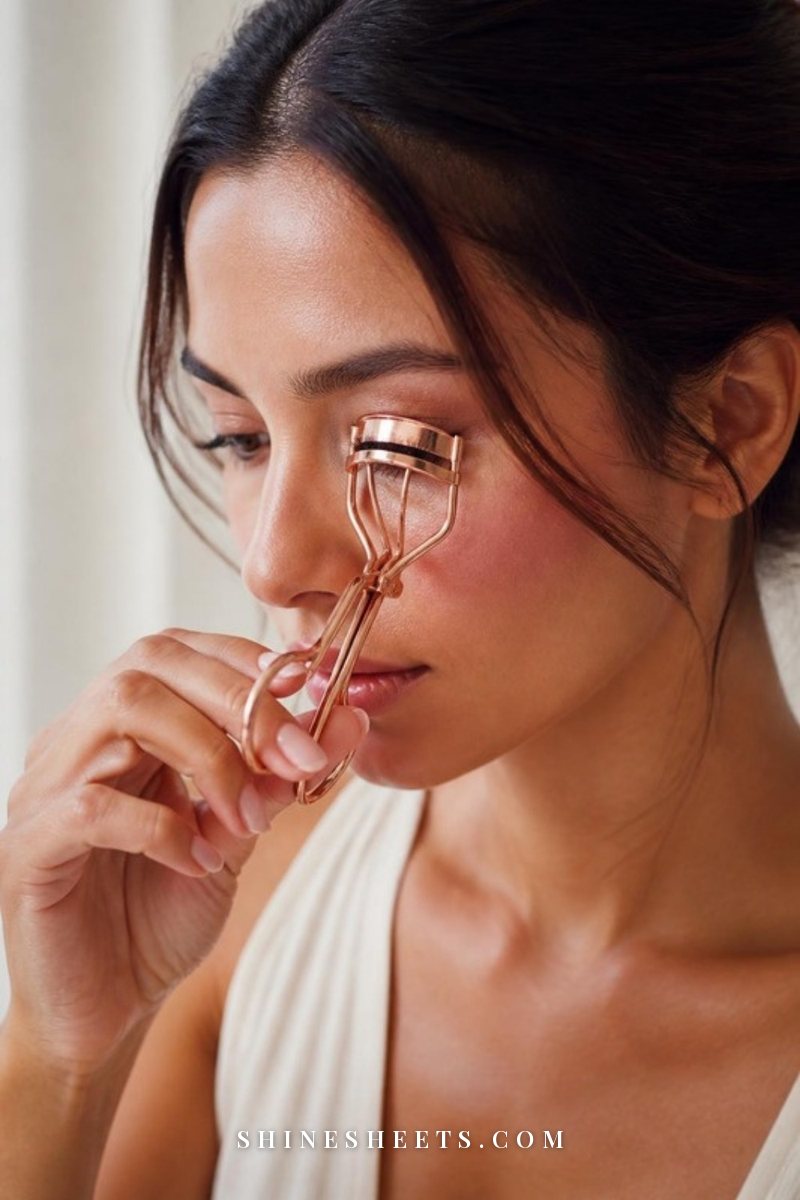 Close-up of a woman with closed eyes curling her upper lashes with an eyelash curler in soft natural light
