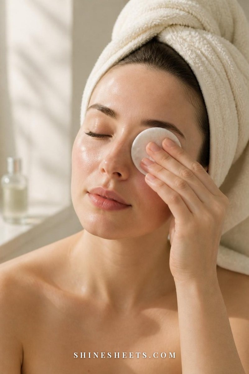 Close-up of a woman with closed eyes holding a soft cotton pad gently against her lashes