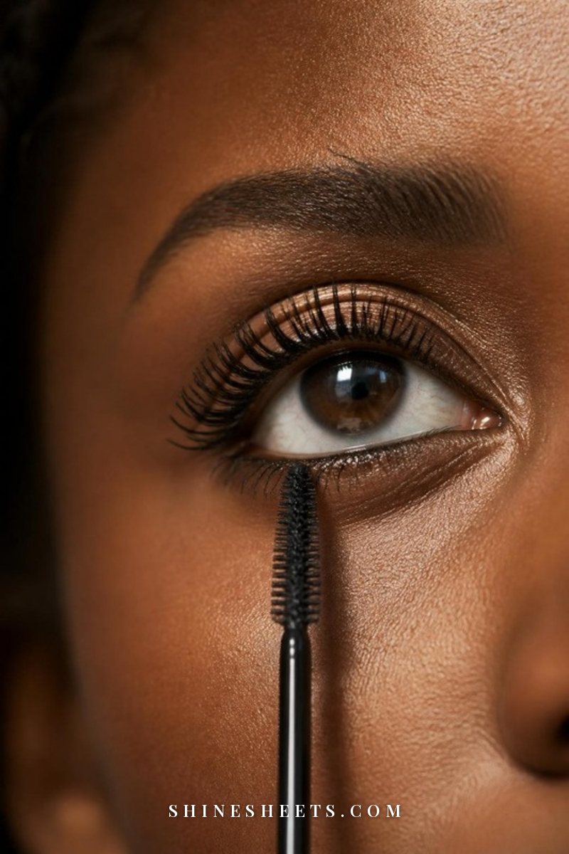 Close-up of a woman's eye with a mascara wand held vertically, lightly coating the lower lashes