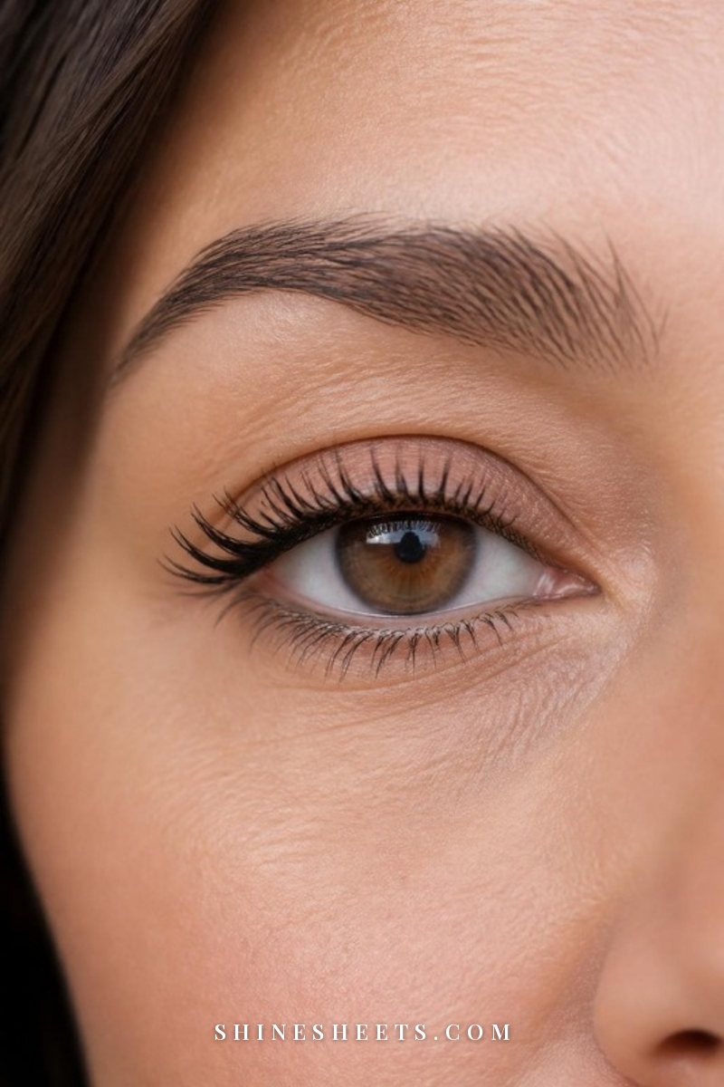 Close-up of a woman's hooded eye with long, separated, lifted lashes and soft neutral eyeshadow
