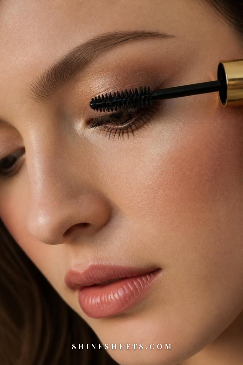 Extreme close-up of a mascara wand pressed at the base of a woman's upper lashes, eyes looking down