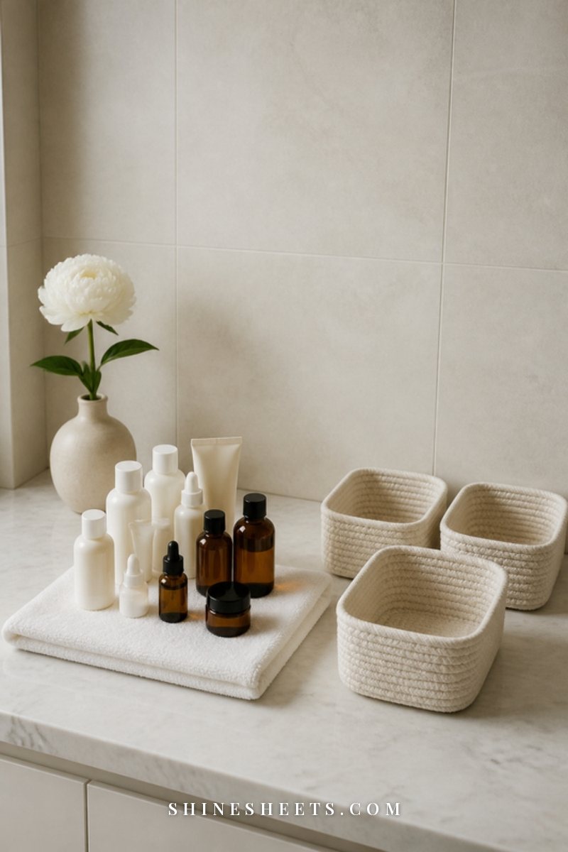 Clean white bathroom counter with small cream baskets, a folded white towel and neatly grouped unlabeled bottles ready to be sorted