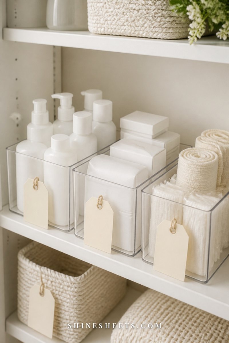 Clear acrylic organizer bins and small woven baskets with blank cream tags on a white shelf holding neatly sorted unlabeled bottles